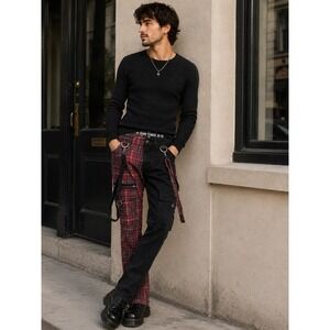 Hot Topic HT Denim Stinger Split Plaid Bondage Skinny Jeans Red Black 28x30